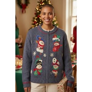 Tiara International Christmas Sweater Cardigan Snowman Stocking Zip Up Women's M